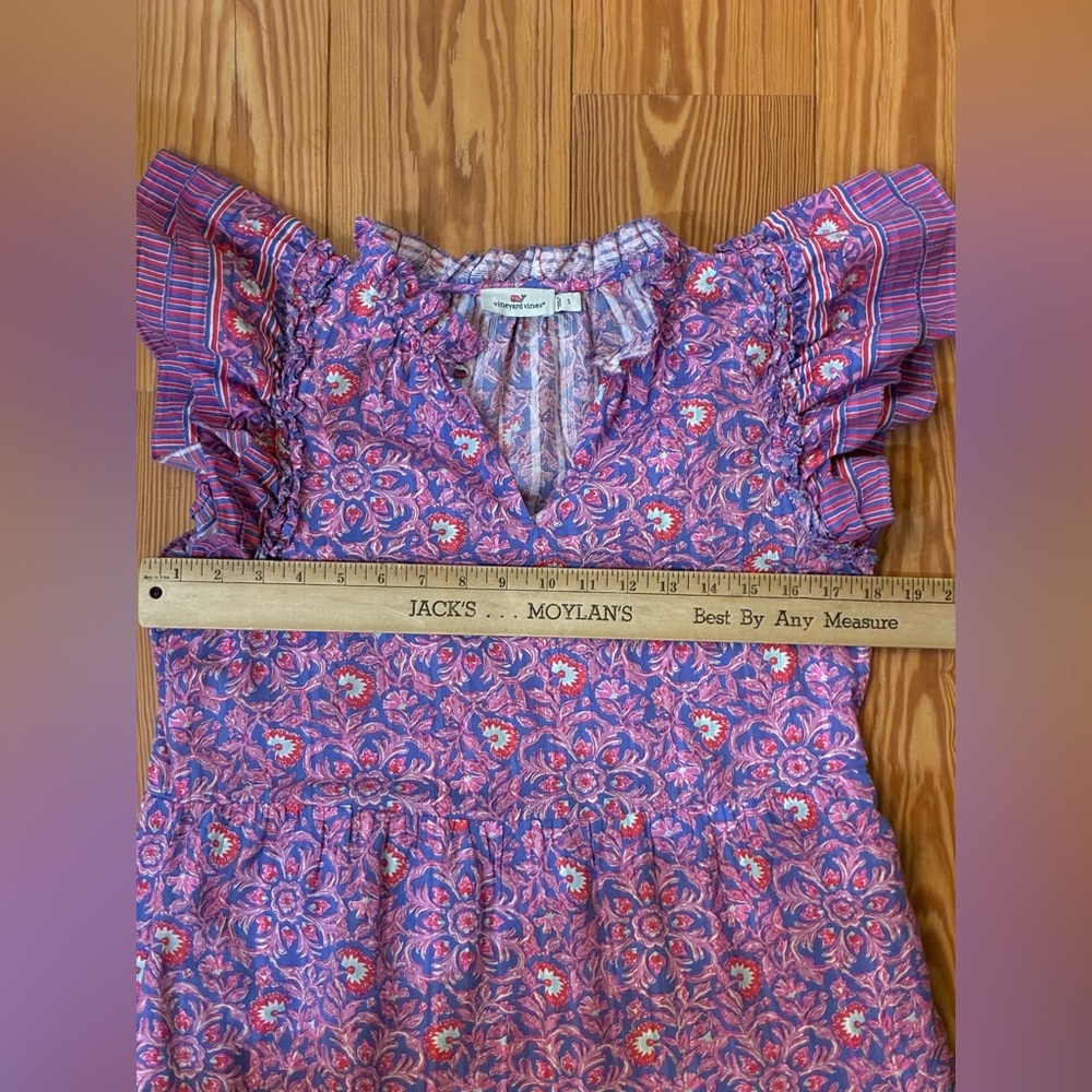 Vineyard Vines 100% Cotton Flutter Ruffle Dress Size Small Pink Purple Floral - Picture 6 of 9